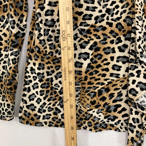 Clara Sun Woo Medium Black Brown Leopard Print Ruffle Detail V neck Stretch Top - Picture 5 of 10